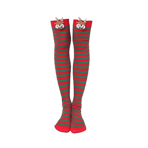 Fulenyi Weihnachten Kniestrümpfe | Sportsocken Lang Elfen Kniestrümpfe - Lustige Neuheit Urlaub Socken für Halloween Cosplay Party, Rote und grüne Streifen + Elchpuppe, 1 von Fulenyi