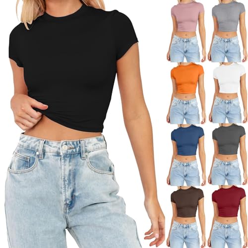 Bauchfreies Schwarzes Weißes Oberteil Damen Y2K Kurzarm Enges Tshirt Teenager Mädchen Gym Tops Shirt Clothes Elegant Corset Crop Top Basic Sport Langarmshirt Bluse Party Oberteile Frauen von Fulidngzg