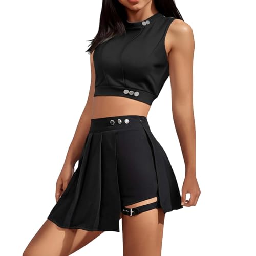 Festival Outfit Damen, 2 Teiler Set Crop Y2K Top + Rock mit Hose Punk Kurz Hosenrock Schwarz Asymmetrischer Minirock Rave Gothic Faltenrock Festival Outfit Damen, 2 Teiler Set Crop Y2K Top + Rock mit Hose Punk Kurz Hosenrock Schwarz Asymmetrischer Minirock Rave Gothic Faltenrock von Fulidngzg