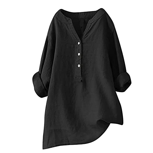 Fulidngzg Damen Leinenbluse Weiß Langarm Frühling Stehkragen Button Leinenhemd V-Ausschnitt Sommer Einfarbig Oversize Shirt Longbluse Hemdbluse von Fulidngzg