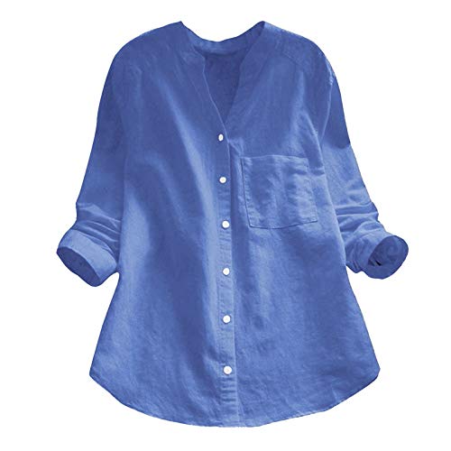 Fulidngzg Damen Leinenbluse Weiß Langarm Frühling Stehkragen Button Leinenhemd V-Ausschnitt Sommer Einfarbig Oversize Shirt Longbluse Hemdbluse von Fulidngzg