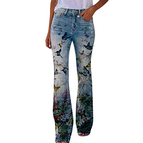 Fulidngzg Damen Schlaghose Jeans 7/8 Länge Weites Bein Yogahose 70er Fitnesshose Caprihose Sporthose Bootcut Gymnastikhose Bunt Blumen Sommerhose Stoff Sportleggins Boho Strandhose Freizeithose von Fulidngzg