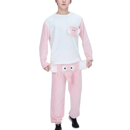 Fulidngzg Elefanten Schlafanzug Herren mit Rüssel Lustig Loungewear Kuschelanzug Unisex Lang Partner Pyjama Tiermotive 2-Teilig Elefanten Hose Hausanzug Langarm Locker Freizeitanzug von Fulidngzg