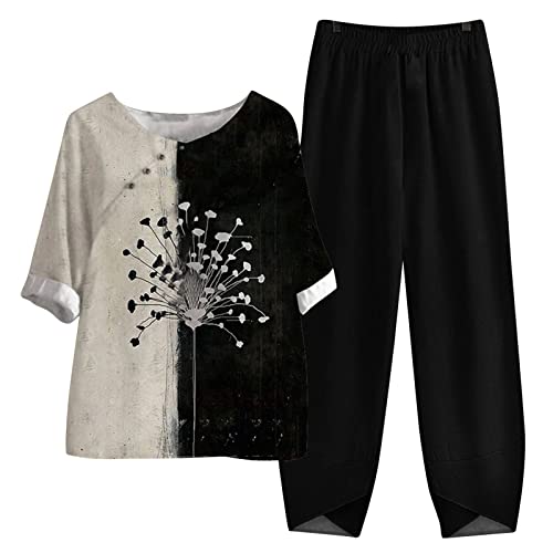 Fulidngzg Freizeitanzug Damen Set Zweiteiler Sportanzug Casual Sommer Leinenbluse und Leinenhose Loungewear Tracksuit Lange Hose Leinen Änzuge Leinenhemd Outfit Große Größe Streetwear Hosenanzug von Fulidngzg