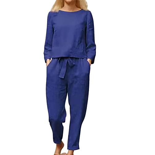 Fulidngzg Jumpsuits Für Damen Leinen Änzuge Hausanzug Suits Streetwear Hosenanzug Locker Loungewear Set Zweiteiler Große Größe Leinenbluse Und Leinenhose Leinenhemd Elegant Overall Freizeitanzug von Fulidngzg