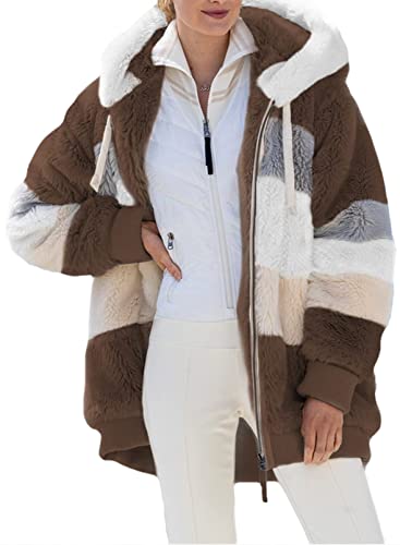 Fulidngzg Teddy Mantel Damen Dicke Gefüttert Teddyfleece Jacke Teddyjacke Flauschig 2023 Plüschjacke Herbstjacke mit Kapuze und Taschen Reißverschluss Elegant Kuscheljacke Winterjacke Kuschel Jacke von Fulidngzg