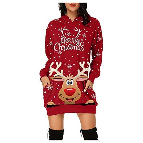 Weihnachtskleid Damen,Merry Christmas Hoodie Kleid Damen Weihnachtspullover Weihnachtskleider Pulloverkleid Rentier Print Kapuzenpullover Kleid Langes Weihnachts Pulli Kleid Weinachtspulli von Fulidngzg