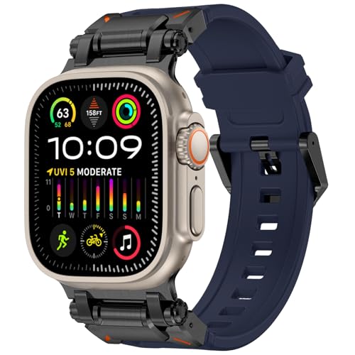 FULLIFE Silikon-Armband für Apple Watch Ultra, Apple Watch Ultra 2, 49 mm, für Herren, Silikon-Gummibänder für Serie 9/8/SE2/7/6/SE/5/4/3/2/1, 45 mm, 44 mm, 42 mm, Edelstahl-Metall-Anschlussband von Fullife