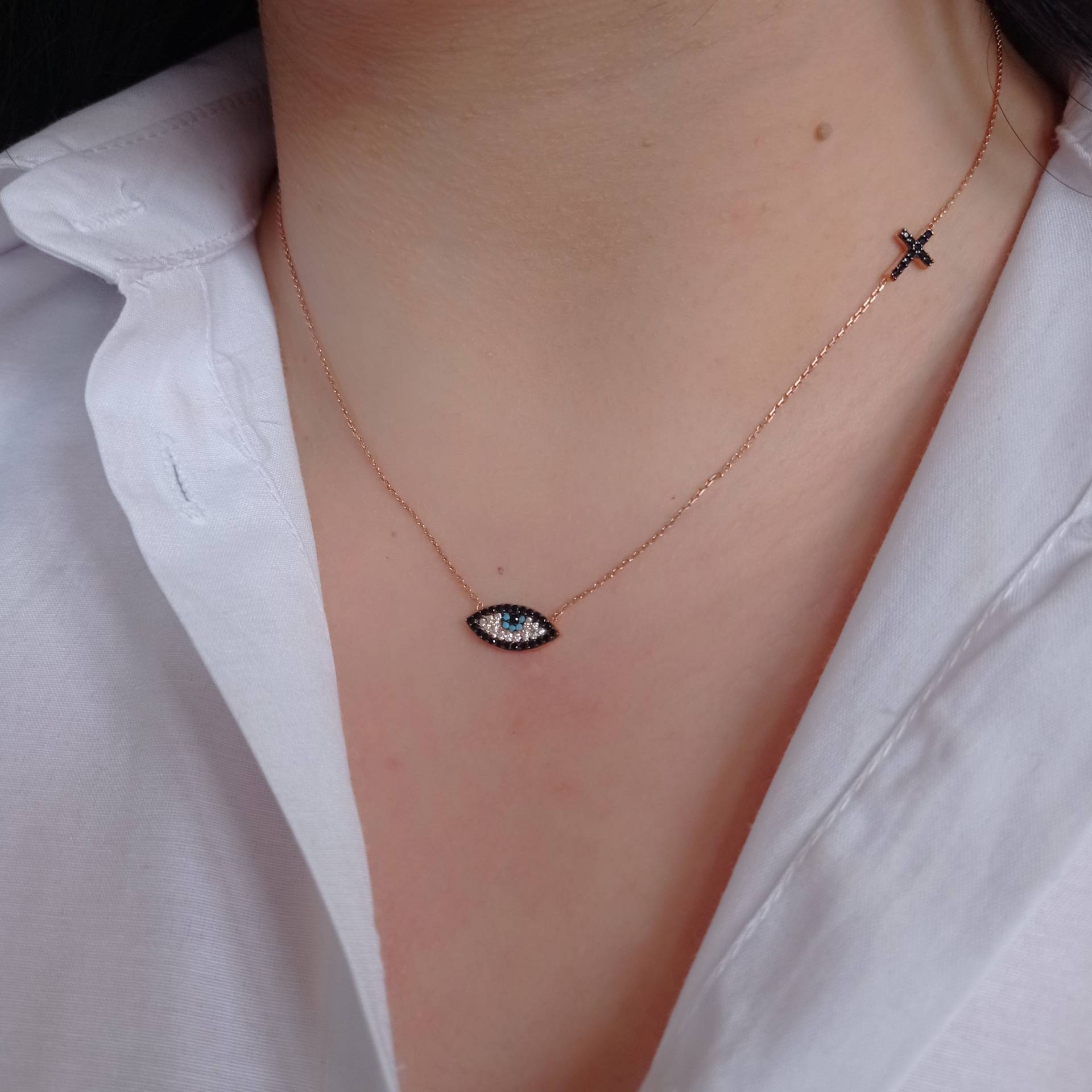 Kreuz Mit Bösem Auge Halskette Frauen Seitlich Zierliche Minimalist Schmuck Geschenke Für Sie 925 Silber Tägliche Cz Diamant von FullyArtJewelry