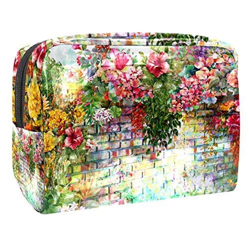 Kleine Make-up-Tasche, Reise-Kosmetiktasche für Damen und Mädchen, wasserdicht, tragbar, Kulturbeutel, tägliche Aufbewahrung, Organizer, Blumen an der Wand, Aquarellmalerei von FunHOMEs