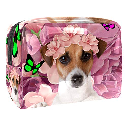 Kleine Make-up-Tasche, Reise-Kosmetiktasche für Damen und Mädchen, wasserdicht, tragbar, Kulturbeutel, tägliche Aufbewahrung, Organizer, Hund mit Blumen von FunHOMEs