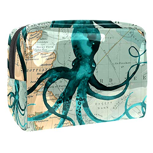 Kleine Make-up-Tasche, Reise-Kosmetiktasche für Damen und Mädchen, wasserdicht, tragbar, Kulturbeutel, tägliche Aufbewahrung, Organizer, nautischer Oktopus, Vintage von FunHOMEs