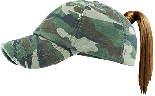 Funky Junque Damen Baseballkappe im Used-Look, Trucker-Stil, Dad-Mütze, Pferdeschwanz, unordentlicher Dutt, Ponycap, camouflage, Einheitsgröße von Funky Junque