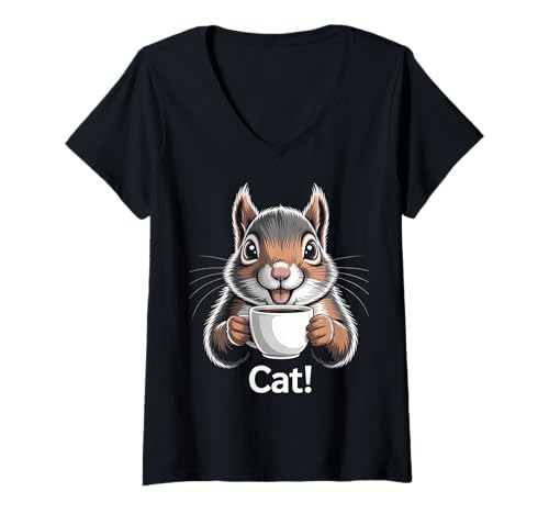 Damen Lustige Katze A Cat Eichhörnchen trinkt Kaffee Humor T-Shirt mit V-Ausschnitt Damen Lustige Katze A Cat Eichhörnchen trinkt Kaffee Humor T-Shirt mit V-Ausschnitt von Funny Graphic Tees Women Men Kids