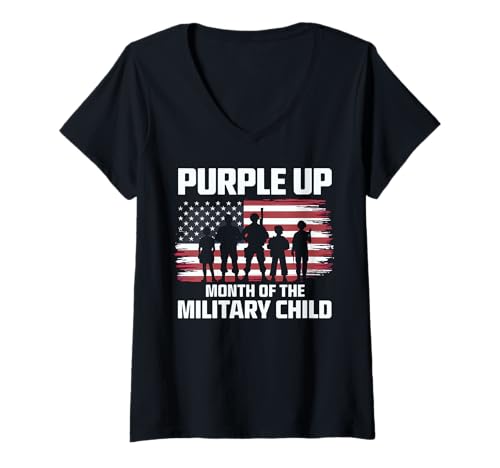 Damen Militär Kind Monat Lila USA Flagge Geschenk Soldat T-Shirt mit V-Ausschnitt Damen Militär Kind Monat Lila USA Flagge Geschenk Soldat T-Shirt mit V-Ausschnitt von Funny Graphic Tees Women Men Kids