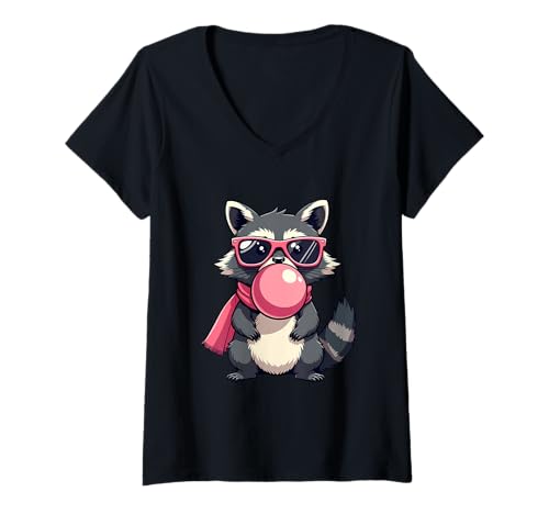 Damen Lustiger rosa Kaugummi und Sonnenbrille Waschbär T-Shirt mit V-Ausschnitt Damen Lustiger rosa Kaugummi und Sonnenbrille Waschbär T-Shirt mit V-Ausschnitt von Funny Raccoon For Men Women Boys Girls Kids