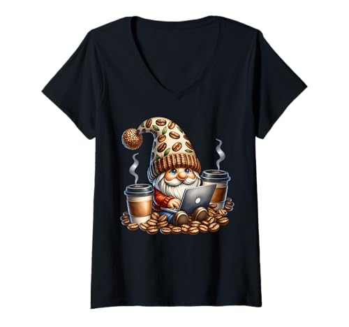 Damen Funny Coffee Addict Gnome Grandpa Graphic For Workaholics T-Shirt mit V-Ausschnitt Damen Funny Coffee Addict Gnome Grandpa Graphic For Workaholics T-Shirt mit V-Ausschnitt von Funny Teacher Gnome Coffee Gifts For Coffee Lovers
