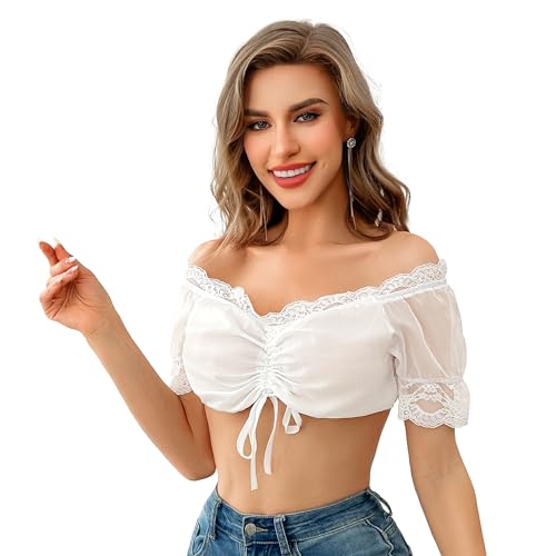 Funspread Dirndl Bluse Damen Spitze - Dirndlbluse Weiß Kurzarm Dirndlblusen für Oktoberfest 34 von Funspread