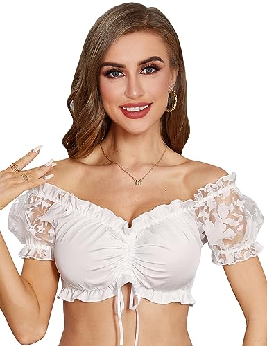 Funspread Dirndlbluse Damen Spitze - Weiß Kurzarm Dirndlblusen für Damen Oktoberfest Dirndl Bluse 44 von Funspread