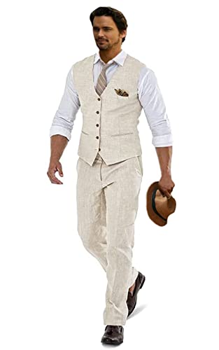 Furuyal Leinenanzüge für Herren, lässig, Hochzeit, 2-teilig, Anzüge für Trauzeugen, Smoking, Sommer, Strand, Abschlussball, Weste und Hose, Beige, XS Furuyal Leinenanzüge für Herren, lässig, Hochzeit, 2-teilig, Anzüge für Trauzeugen, Smoking, Sommer, Strand, Abschlussball, Weste und Hose, Beige, XS von Furuyal