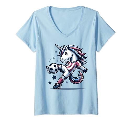 Damen Fussballer Unicorn Fans Soccer Einhörner Einhorn Fußball T-Shirt mit V-Ausschnitt von Fussballspieler Einhorn Fußballerin Design