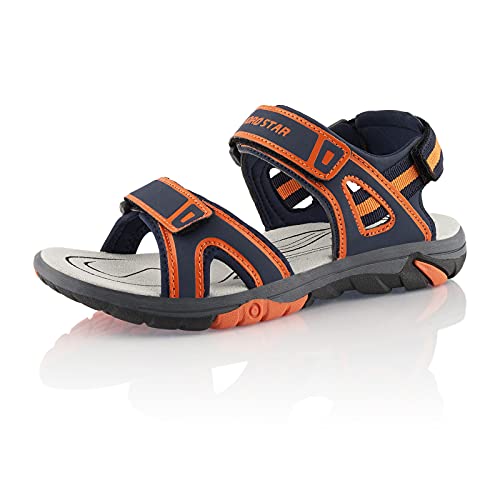 Fusskleidung® Damen Herren Trekkingsandalen leichte Sommer Sandalen robuste Profilsohle Dunkelblau Orange EU 36 von Fusskleidung