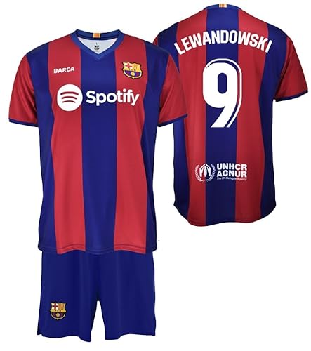 Futbol Club Barcelona T-Shirt und Hose - Lewandowski 9 - Erste Mannschaft Saison 2023/2024 - Offizielle Replik mit Lizenz Kind, Blau/Weinrot, 10 Jahre von Futbol Club Barcelona