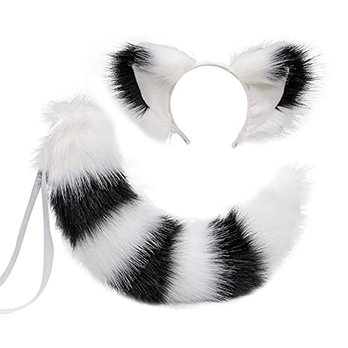 Cosplay Lang Groß Tier Fuchs Katze Hund Wolf Schwanz und Ohren Haarband 2 PCS Set Animes Cosplay Schwanz Fuchsohrenn Stirnband Halloween Cosplay Party Kostüm Zubehör Weiß mit Schwarz Streifen von Fxaelian