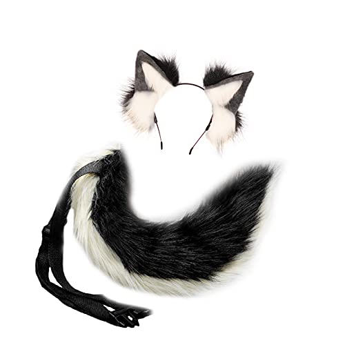 Cosplay Lang Groß Tier Fuchs Katze Hund Wolf Schwanz und Ohren Haarband 2 PCS Set Animes Cosplay Schwanz Katzenohren Fuchsohrenn Stirnband Kopfbedeckung Halloween Party Kostüm Zubehör B Schwarz von Fxaelian