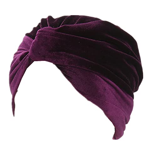 Fxhixiy Damen Stretch Velvet Twist Pleasted Hair Wrap Turban Hut Krebs Chemo Beanie Cap Kopfbedeckung, Dunkles Violett, Einheitsgröße von Fxhixiy