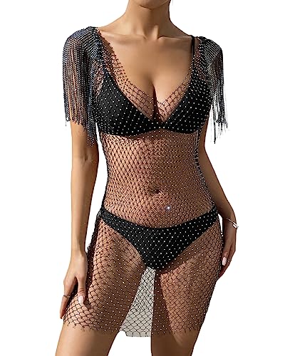 Frauen Glänzende Strasssteine Kleid Fischnetz Ausschnitt Durchsichtig Langarm Crop Tops für Club Bademode Kleid Bikini Cover Up Streetwear, J-black, Medium von Fylovery