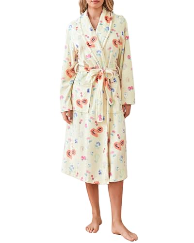 Fylovery Damen-Bademantel mit Fruchtdruck, Fleece, weich, warm, Kimono, Spa-Bademantel, Y2K, niedlicher Hausmantel, gemütlich, Plüsch, langes Nachthemd, Pyjama, Loungewear mit Gürtel, A-gelb, 38 von Fylovery