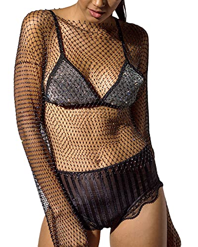 Fylovery Damen Glänzende Strasssteine Kleid Fischnetz Ausschnitt Transparent Langarm Crop Tops für Club Bademode Kleid Bikini Cover Up Streetwear, B-schwarz, Large von Fylovery