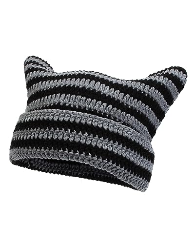 Fylovery Frauen Niedliche Katze Beanies Winter Warm Strick Katze Ohr Hut Grunge Goth Beanies Häkeln Beanie für Outdoor-Aktivitäten, B-Schwarz Grau, Einheitsgröße von Fylovery