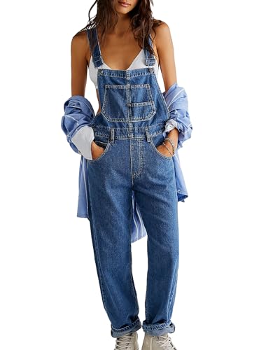 Fylovery Frauen Strapse Denim Straight Leg Lange Jumpsuit Verstellbarer Riemen Strampler Hosen Sommer Baggy Latzhose Loose Fit Jean Overalls, A-Blau, 36 von Fylovery