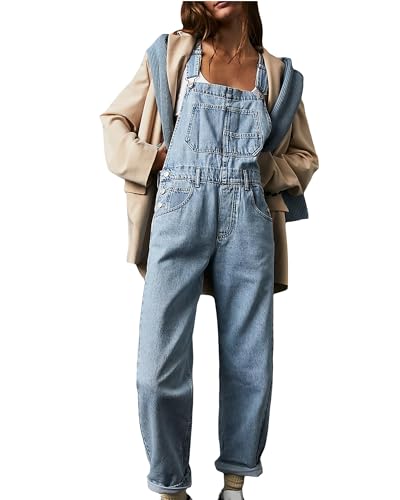 Fylovery Frauen Strapse Denim Straight Leg Lange Jumpsuit Verstellbarer Riemen Strampler Hosen Sommer Baggy Latzhose Loose Fit Jean Overalls, A-light blue, 36 von Fylovery