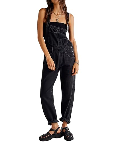 Fylovery Frauen Strapse Denim Straight Leg Lange Jumpsuit Verstellbarer Riemen Strampler Hosen Sommer Baggy Latzhose Loose Fit Jean Overalls, A-schwarz, 38 von Fylovery