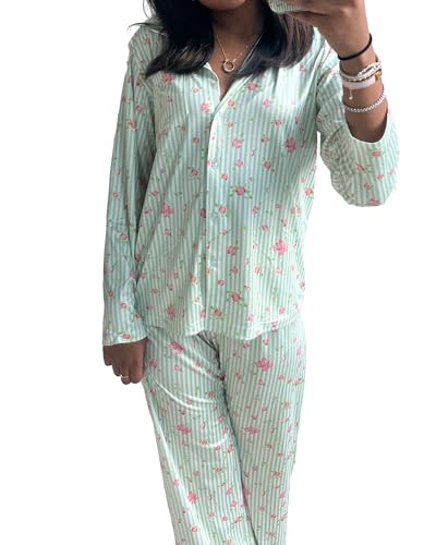 Fylovery Y2K Damen Schlafanzug-Set aus Baumwolle, niedliches Herzmuster, langärmelig, Knopf, Hemd, Oberteil, Hose, 2-teilig, Nachtwäsche, passende Pyjamas, Loungewear-Outfits, C-grün, 38 von Fylovery