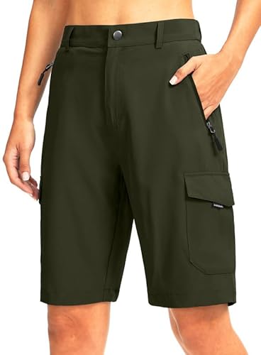 Damen 25,4 cm Wandern Golf Lange Shorts mit 5 Taschen Knielänge Leichte Schnell Trocknende Cargo Bermuda Shorts für Frauen, Oliv/Blatt für mich (Leaf It to Me), X-Groß von G Gradual