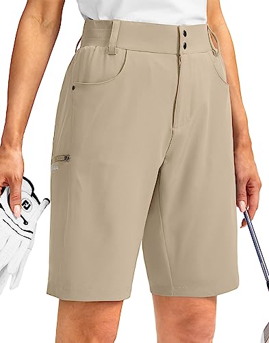 Lange Damen-Golf-Shorts mit Taschen, 25,4 cm, schnell trocknend, leicht, Cargo-Bermuda-Shorts für Frauen, knielang, Khaki, Mittel von G Gradual