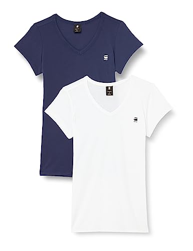 G-STAR RAW Damen Eyben Slim V-Neck T-Shirt 2-Pack, Mehrfarben (sartho blue/white D23830-4107-7435), XS von G-STAR RAW