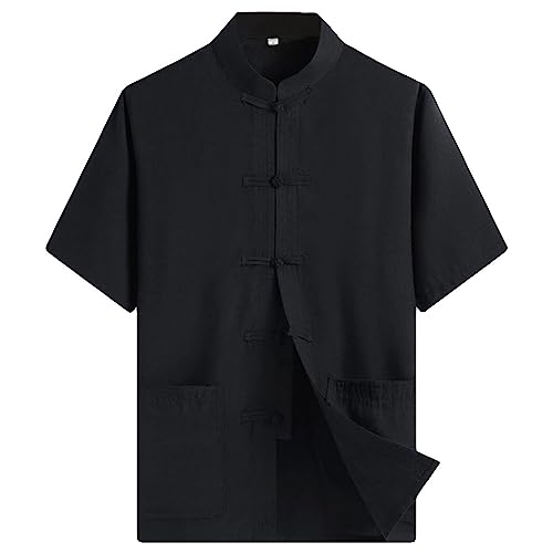 G-LIKE Herren Sommer Kleidung Hemd – Traditioneller Chinesischer Tang Stil Shirt Kampfkunst Kung Fu Tai Chi Trainingskleidung Freizeithemd Bestickte Kurzärmelige Tops für Männer (Schwarz, L) von G-LIKE