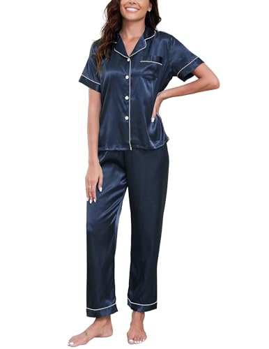 GAESHOW Damen Satin Pyjamas, Satin Damen Schlafanzug, Kurzarm Hose Zweiteiliger, Seide Hausanzug, Knopfleiste Loungewear für Vier Jahreszeiten, S-XXL GAESHOW Damen Satin Pyjamas, Satin Damen Schlafanzug, Kurzarm Hose Zweiteiliger, Seide Hausanzug, Knopfleiste Loungewear für Vier Jahreszeiten, S-XXL von GAESHOW