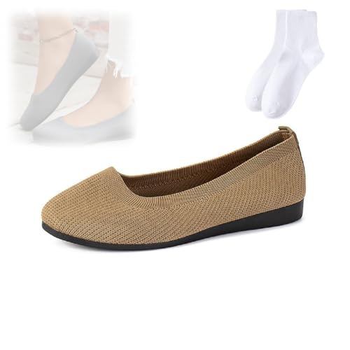 Bequeme atmungsaktive Slip-On-Fußgewölbe-Unterstützung, rutschfeste Freizeitschuhe, Netzstoff, runde Zehen, flache Schuhe für Damen, flache Schuhe für Party, Arbeit, khaki, 41 EU von GAGFDA