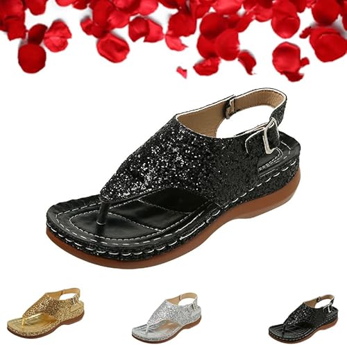 Funkelnde Glitzer, modische orthopädische Sandalen, Zehensandalen für Damen, Sommer, Clip-Toe, niedriger Keilabsatz, Glitzer, verstellbare Sandalen für Damen, Schwarz , 39 EU von GAGFDA