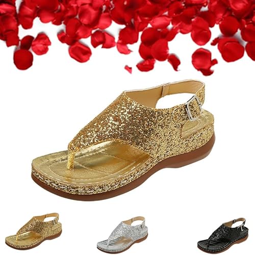 Funkelnde Glitzer, modische orthopädische Sandalen, Zehensandalen für Damen, Sommer, Clip-Toe, niedriger Keilabsatz, Glitzer, verstellbare Sandalen für Damen, gold, 39 EU von GAGFDA