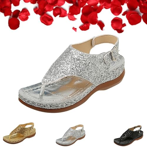 Funkelnde Glitzer, modische orthopädische Sandalen, Zehensandalen für Damen, Sommer, Clip-Toe, niedriger Keilabsatz, Glitzer, verstellbare Sandalen für Damen, silber, 37 EU von GAGFDA