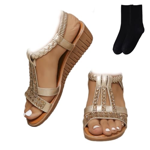 GAGFDA Damen Sommer Strass Open Toe Orthopädische Sandalen Keilsandalen für Frauen Leichte rutschfeste orthopädische Bohemian Sandalen für Frauen, Gold A, 34 EU von GAGFDA