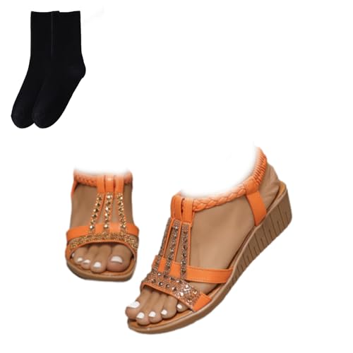 GAGFDA Damen Sommer Strass Open Toe Orthopädische Sandalen Keilsandalen für Frauen Leichte rutschfeste orthopädische Bohemian Sandalen für Frauen, Orange, 36 EU von GAGFDA