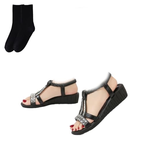 GAGFDA Damen Sommer Strass Open Toe Orthopädische Sandalen Keilsandalen für Frauen Leichte rutschfeste orthopädische Bohemian Sandalen für Frauen, Schwarz , 34 EU von GAGFDA